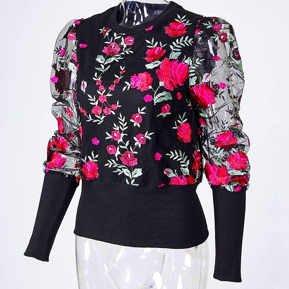New Pink Floral Embrodiered Organza Sleeved Black Blouse Sz S - Picture 4 of 8